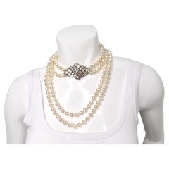 Double Strand Costume Pearl Rhinestone Pendent Necklace circa 1980s