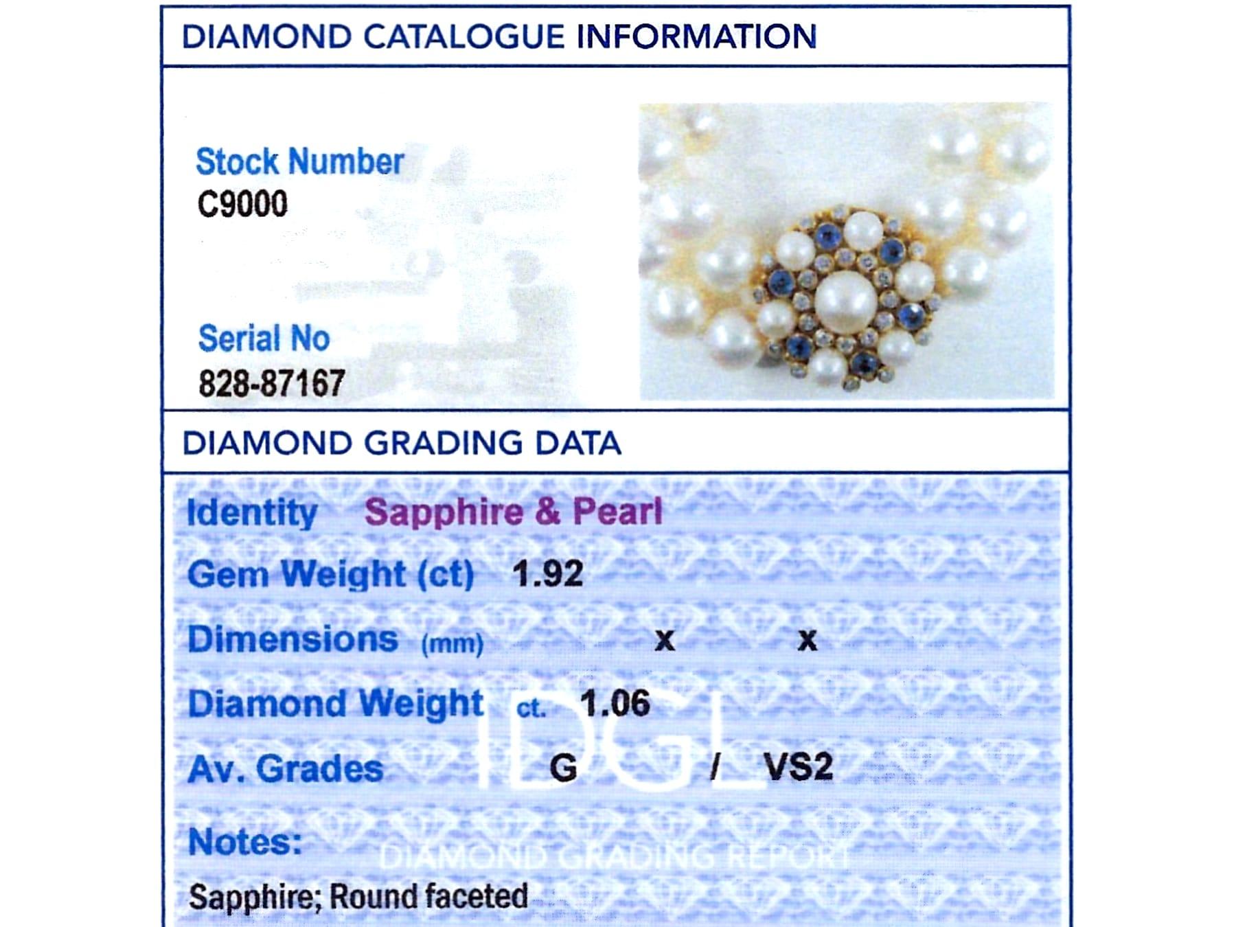Double Strand Cultured Pearl 1.92ct Sapphire 1.06ct Diamond Yellow Gold Necklace For Sale 6
