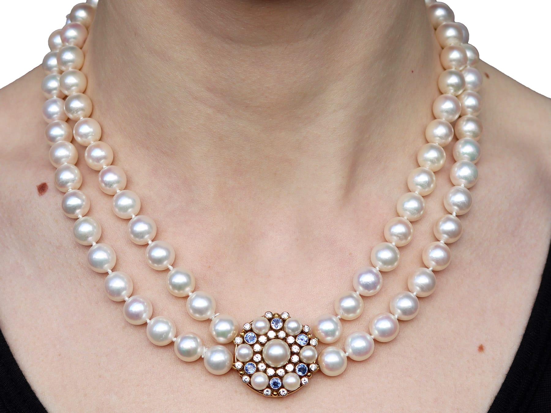 Double Strand Cultured Pearl 1.92ct Sapphire 1.06ct Diamond Yellow Gold Necklace For Sale 7