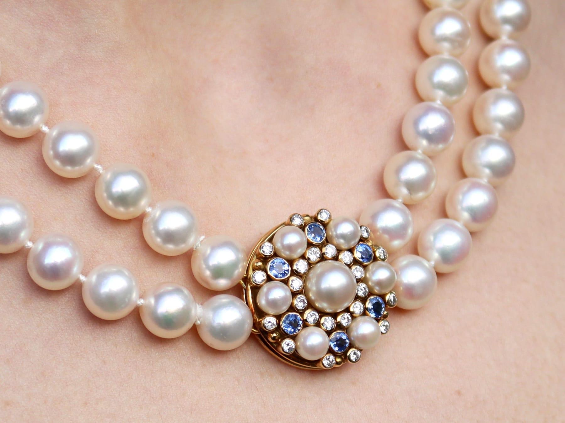 Double Strand Cultured Pearl 1.92ct Sapphire 1.06ct Diamond Yellow Gold Necklace For Sale 8
