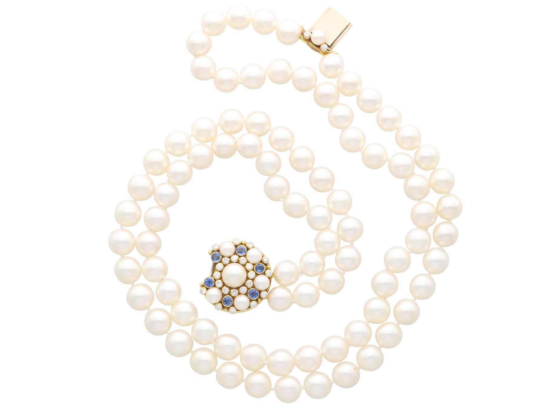 Women's or Men's Double Strand Cultured Pearl 1.92ct Sapphire 1.06ct Diamond Yellow Gold Necklace For Sale
