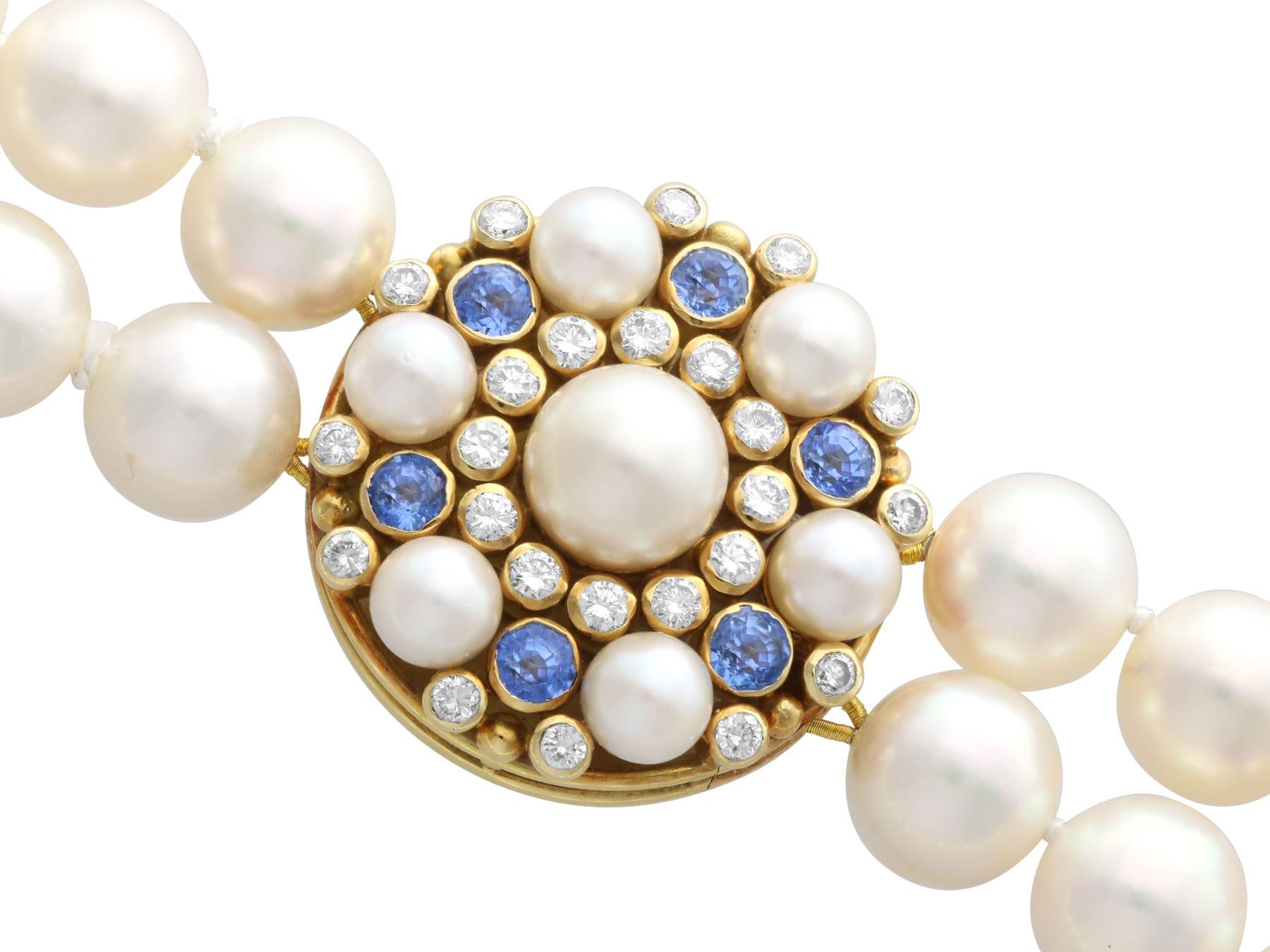 Double Strand Cultured Pearl 1.92ct Sapphire 1.06ct Diamond Yellow Gold Necklace For Sale 1