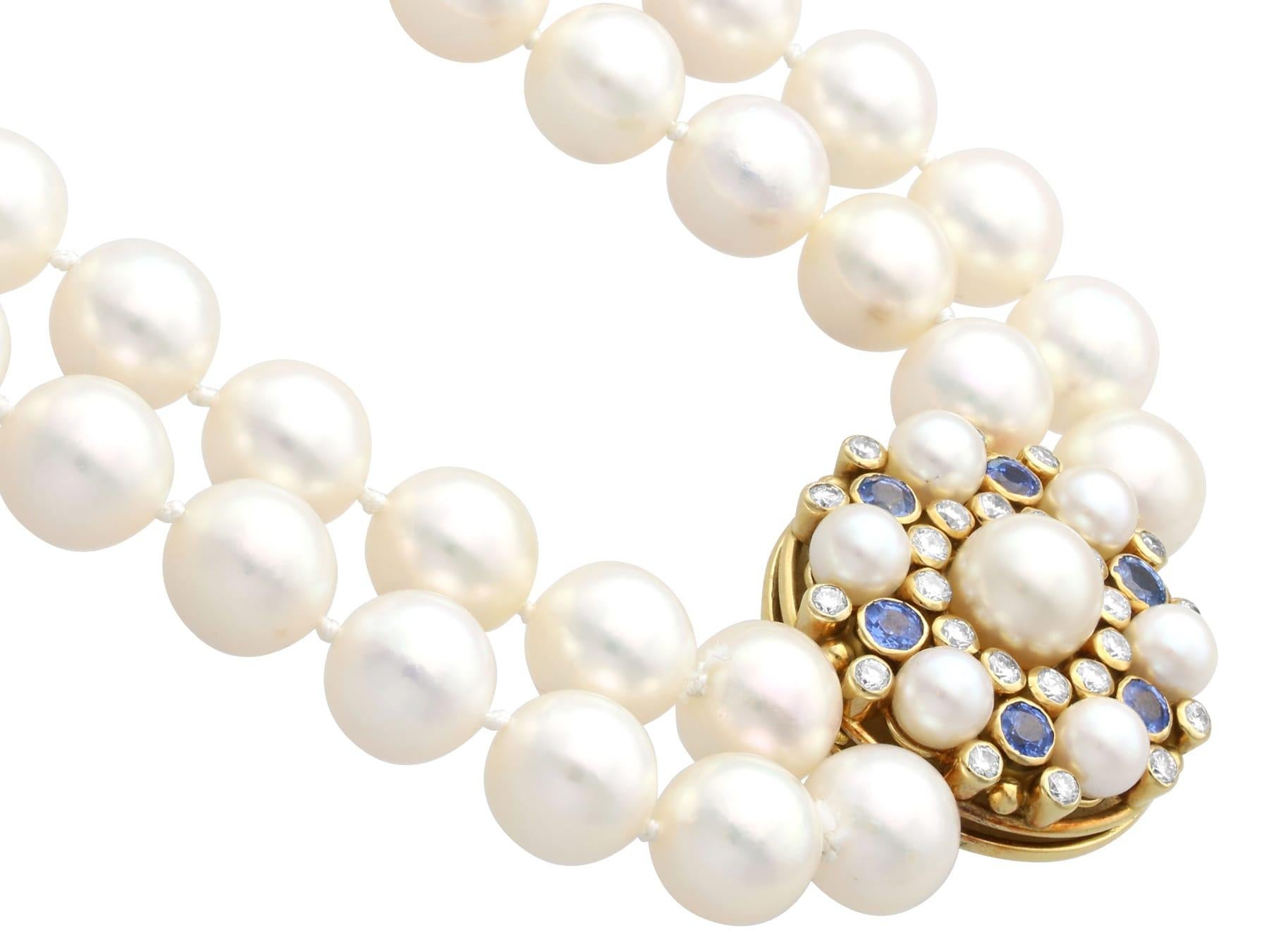Double Strand Cultured Pearl 1.92ct Sapphire 1.06ct Diamond Yellow Gold Necklace For Sale 2