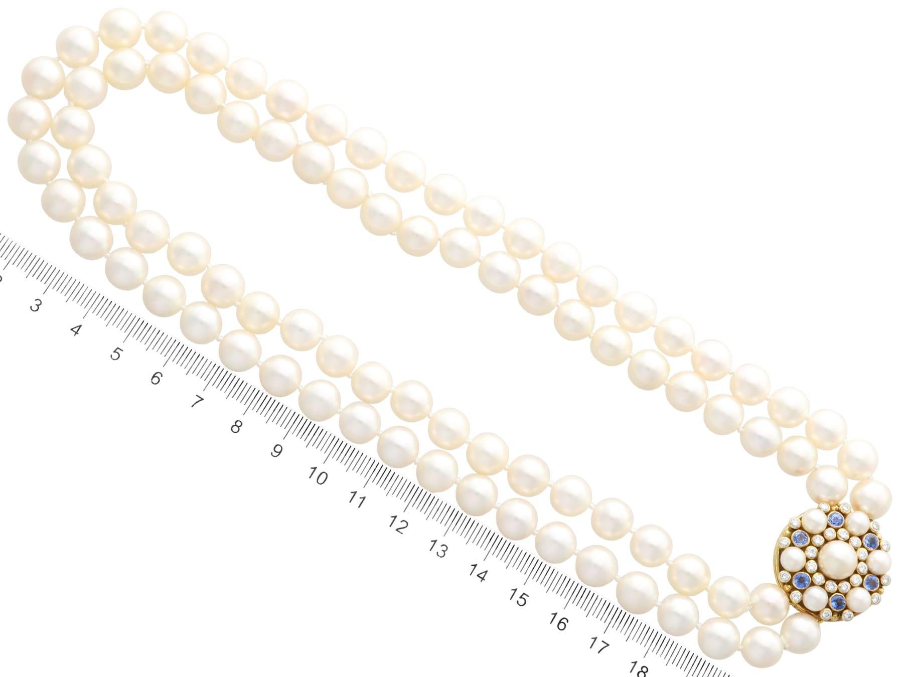Double Strand Cultured Pearl 1.92ct Sapphire 1.06ct Diamond Yellow Gold Necklace For Sale 4