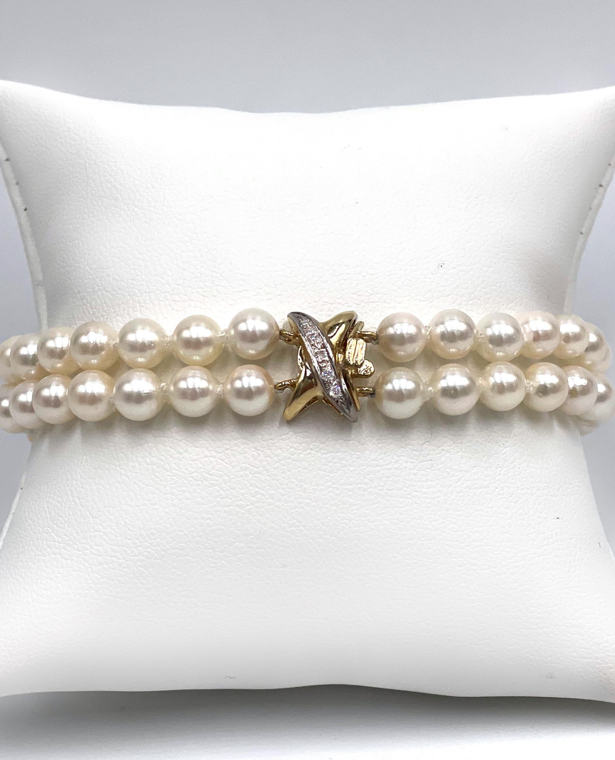Double Strand Cultured Pearl Bracelet with 14K Yellow Gold X Clasp with Diamonds In New Condition For Sale In Old Tappan, NJ
