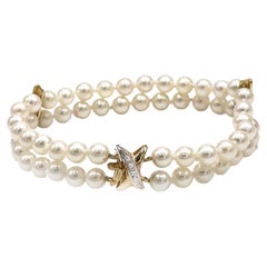 Double Strand Cultured Pearl Bracelet with 14K Yellow Gold X Clasp with Diamonds