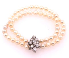 Double Strand Cultured Pearl & Diamond Bracelet, Large Diamond Pendant 1.20 TDW