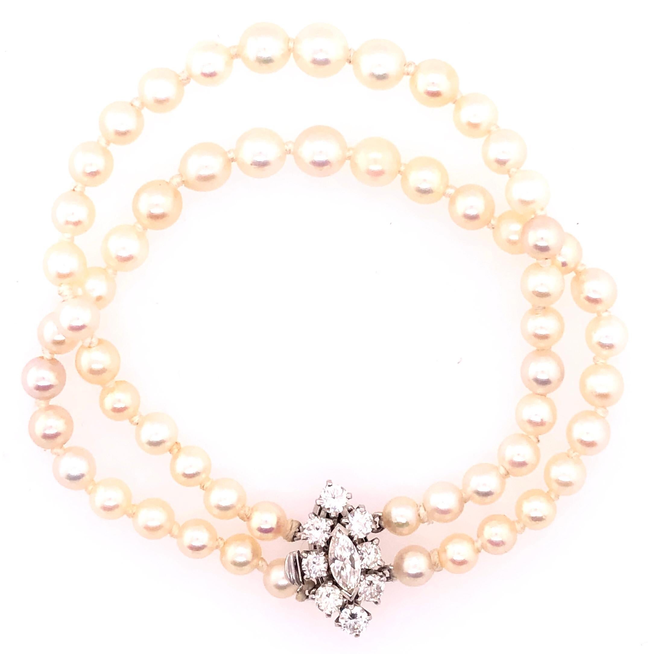 Baroque Double Strand Cultured Pearl & Diamond Bracelet, Large Diamond Pendant 1.20 TDW For Sale