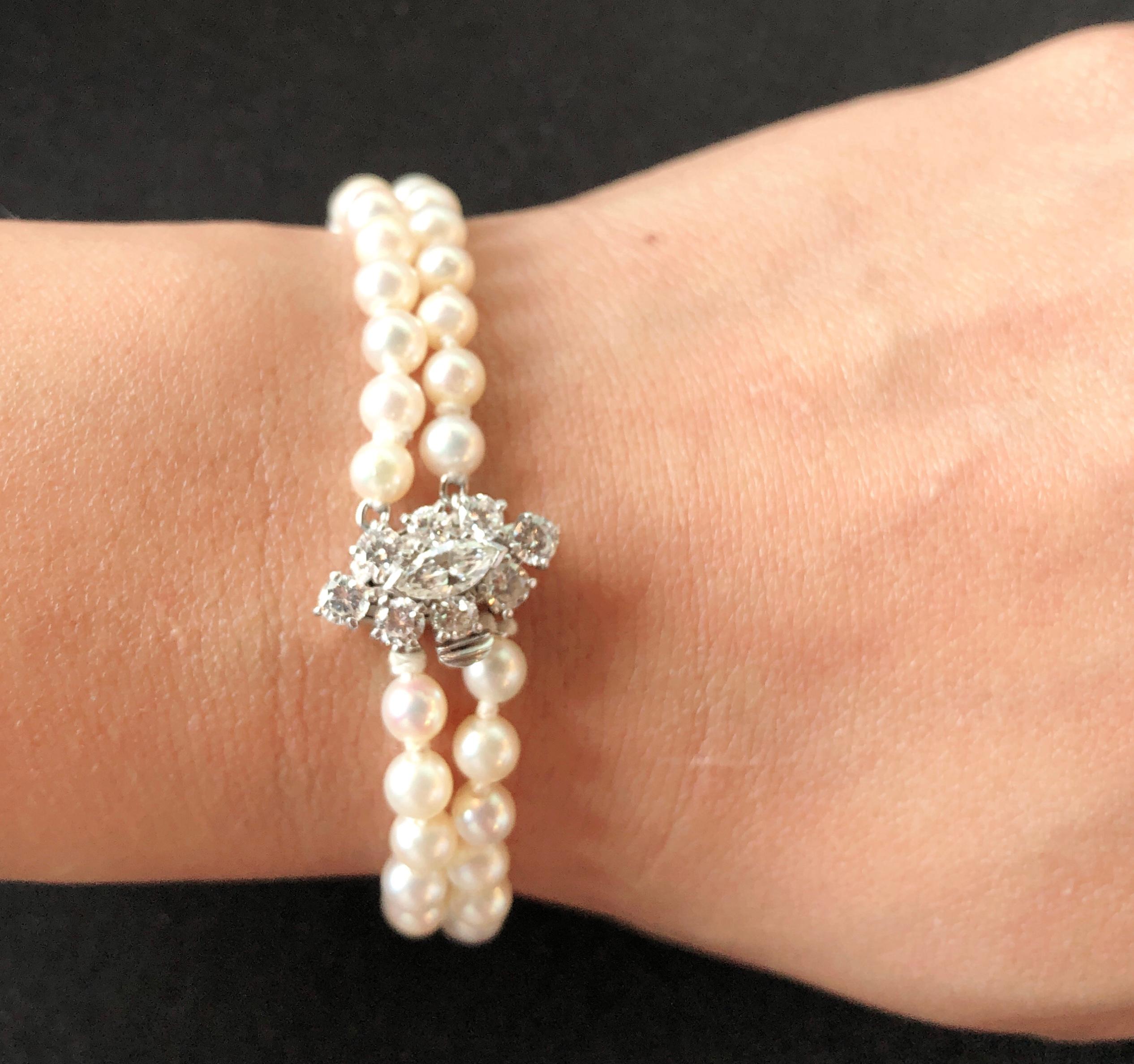 Marquise Cut Double Strand Cultured Pearl & Diamond Bracelet, Large Diamond Pendant 1.20 TDW For Sale