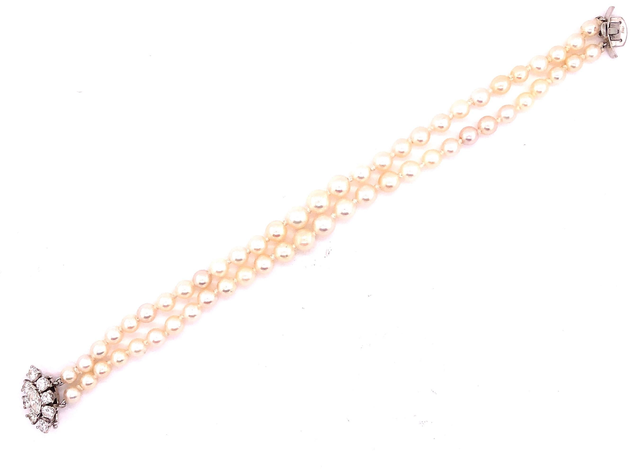 Double Strand Cultured Pearl & Diamond Bracelet, Large Diamond Pendant 1.20 TDW For Sale 1