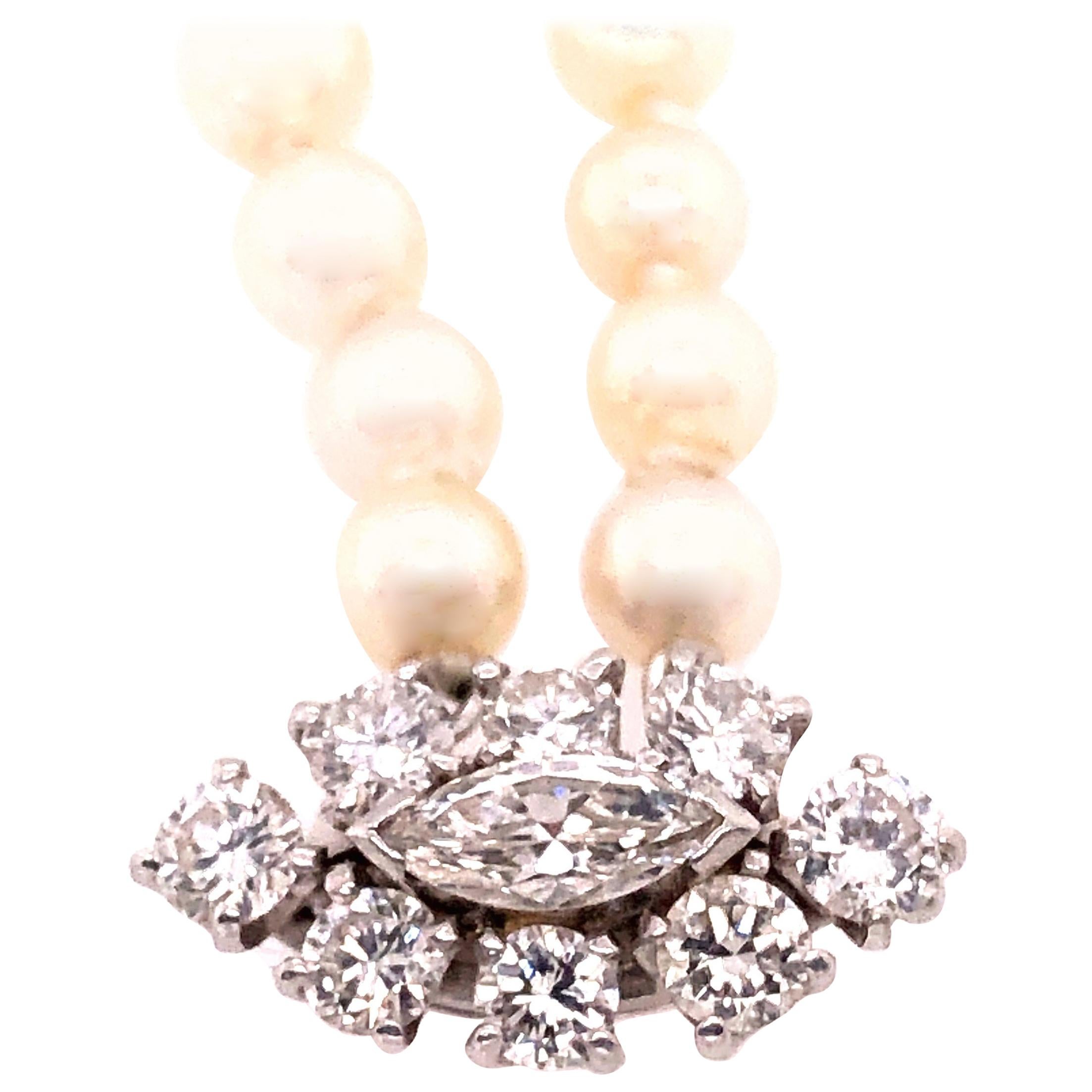 Double Strand Cultured Pearl & Diamond Bracelet, Large Diamond Pendant 1.20 TDW For Sale