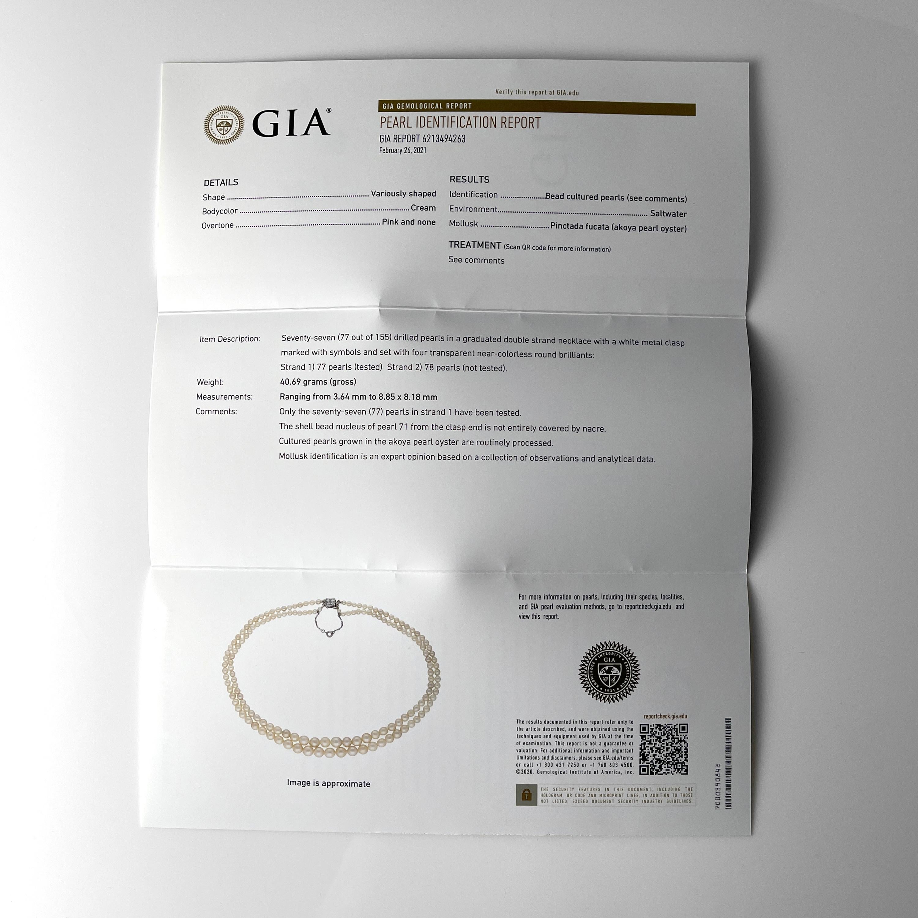 Doppelreihige Zuchtperlenkette mit Diamantverschluss, französisches Art déco-Stil, GIA im Angebot 5