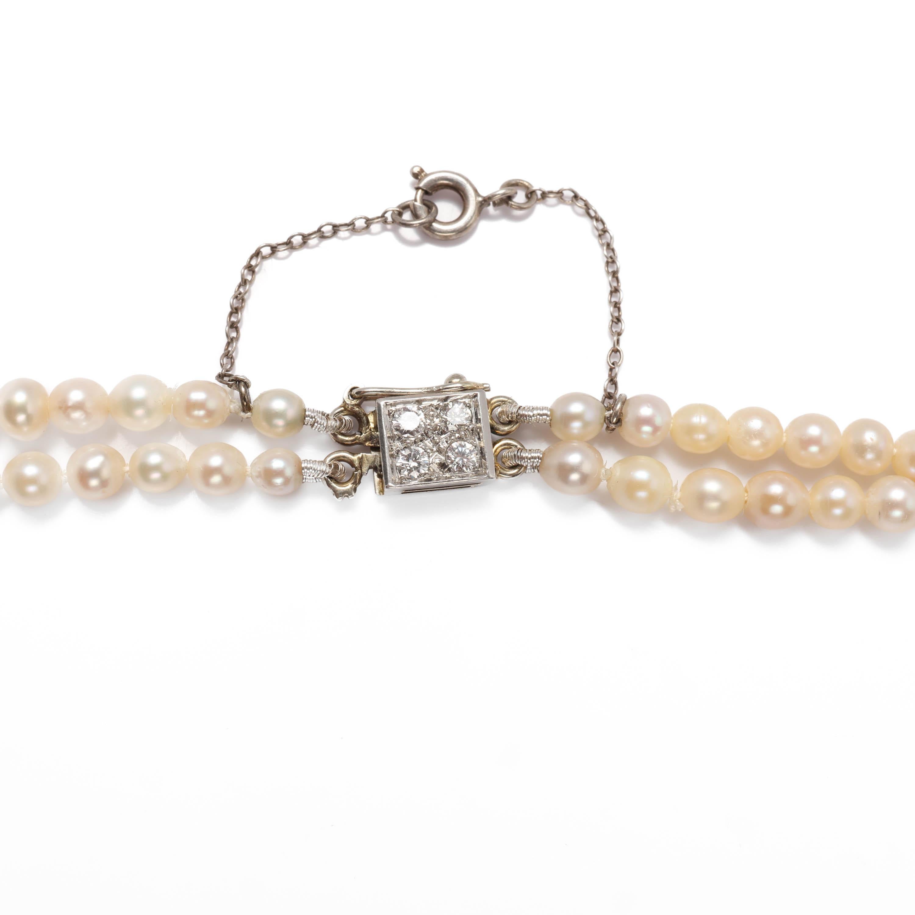 Double Strand Cultured Pearl Necklace with Diamond Clasp, French Art Deco; GIA In Excellent Condition For Sale In Southbury, CT