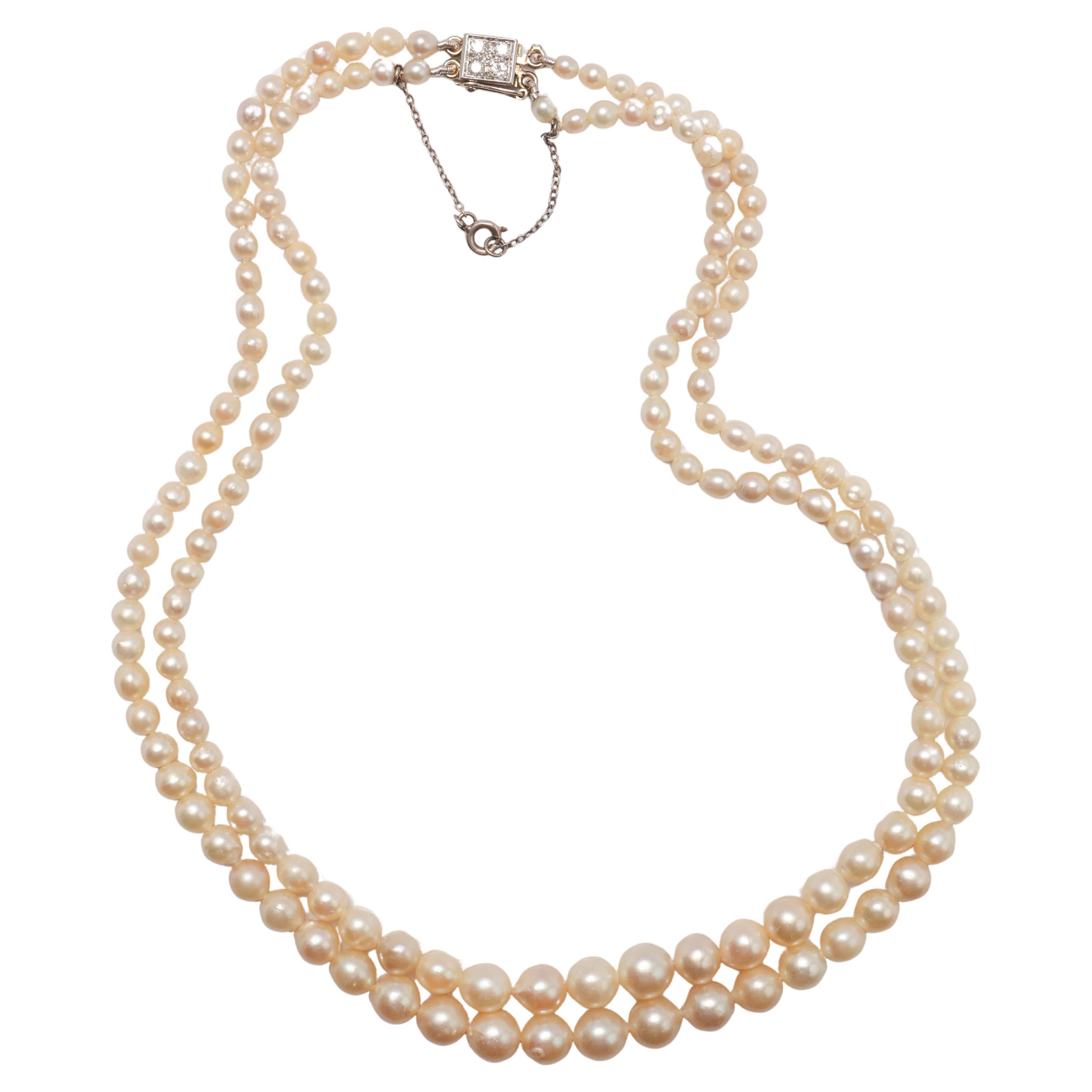 Double Strand Cultured Pearl Necklace with Diamond Clasp, French Art Deco; GIA For Sale