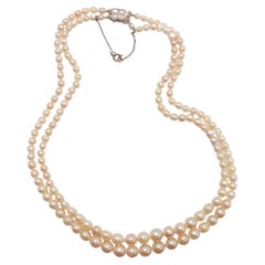 Vintage Double Strand Cultured Pearl Necklace with Diamond Clasp, French Art Deco; GIA