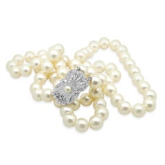 Double Strand Cultured Pearl Necklace with Platinum Diamond Clasp 15.25"