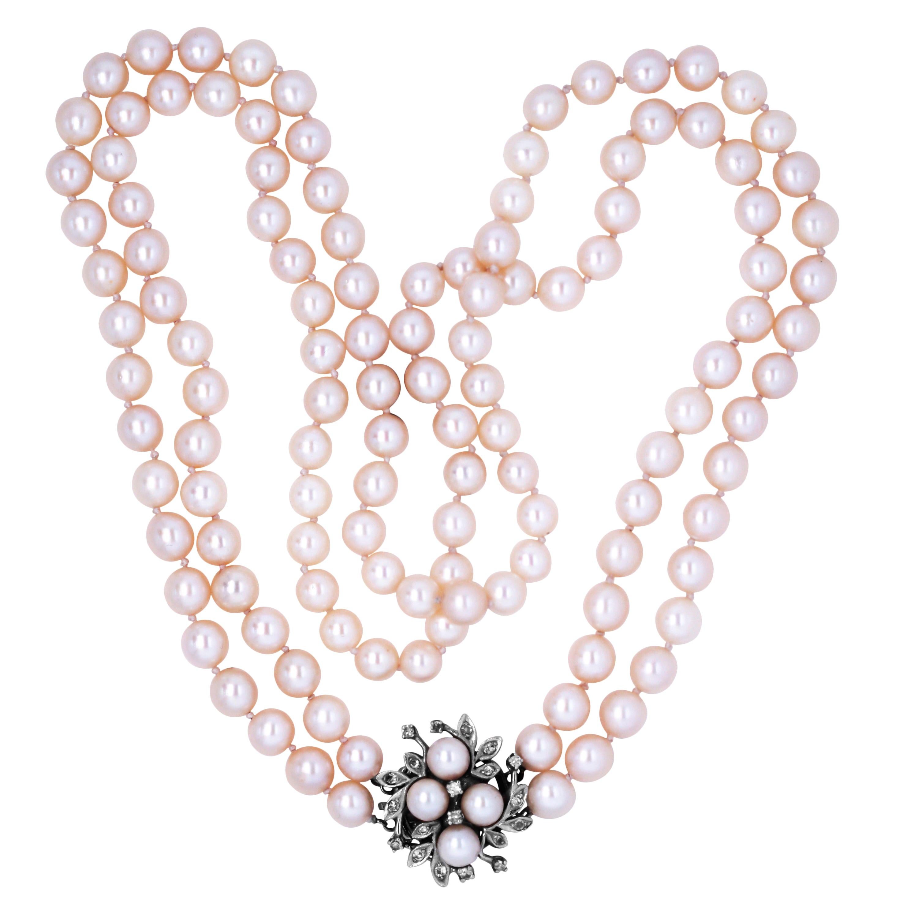 Double Strand Cultured Round Pearl 14 Karat White Gold Diamond Long Necklace