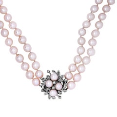 Double Strand Cultured Round Pearl 14 Karat White Gold Diamond Long Necklace