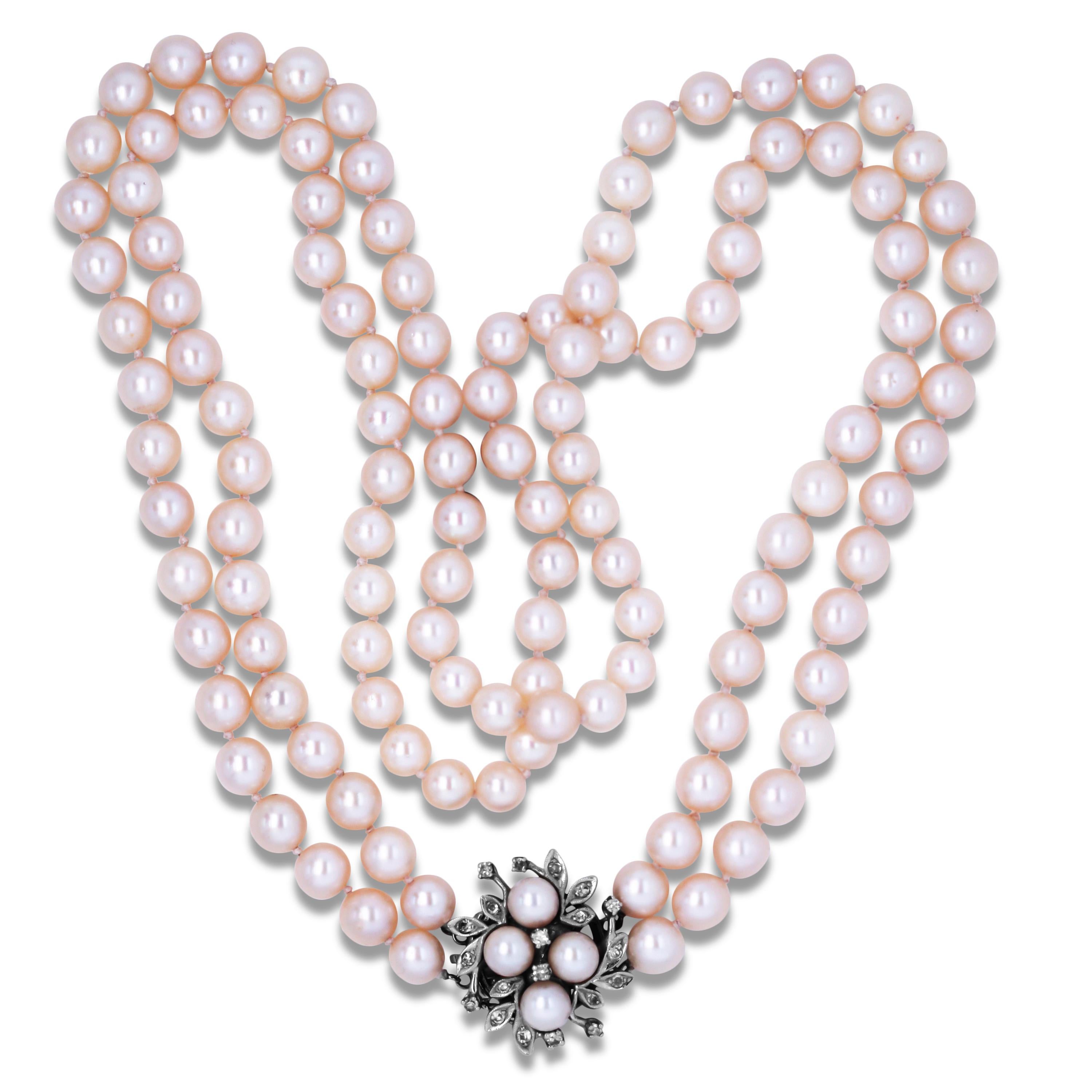 Round Cut Double Strand Cultured Round Pearl 14 Karat White Gold Diamond Long Necklace For Sale