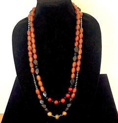 Double Strand Dark Honey Hue Carnelian Necklace w/ Black Onyx, Hematites & Agate