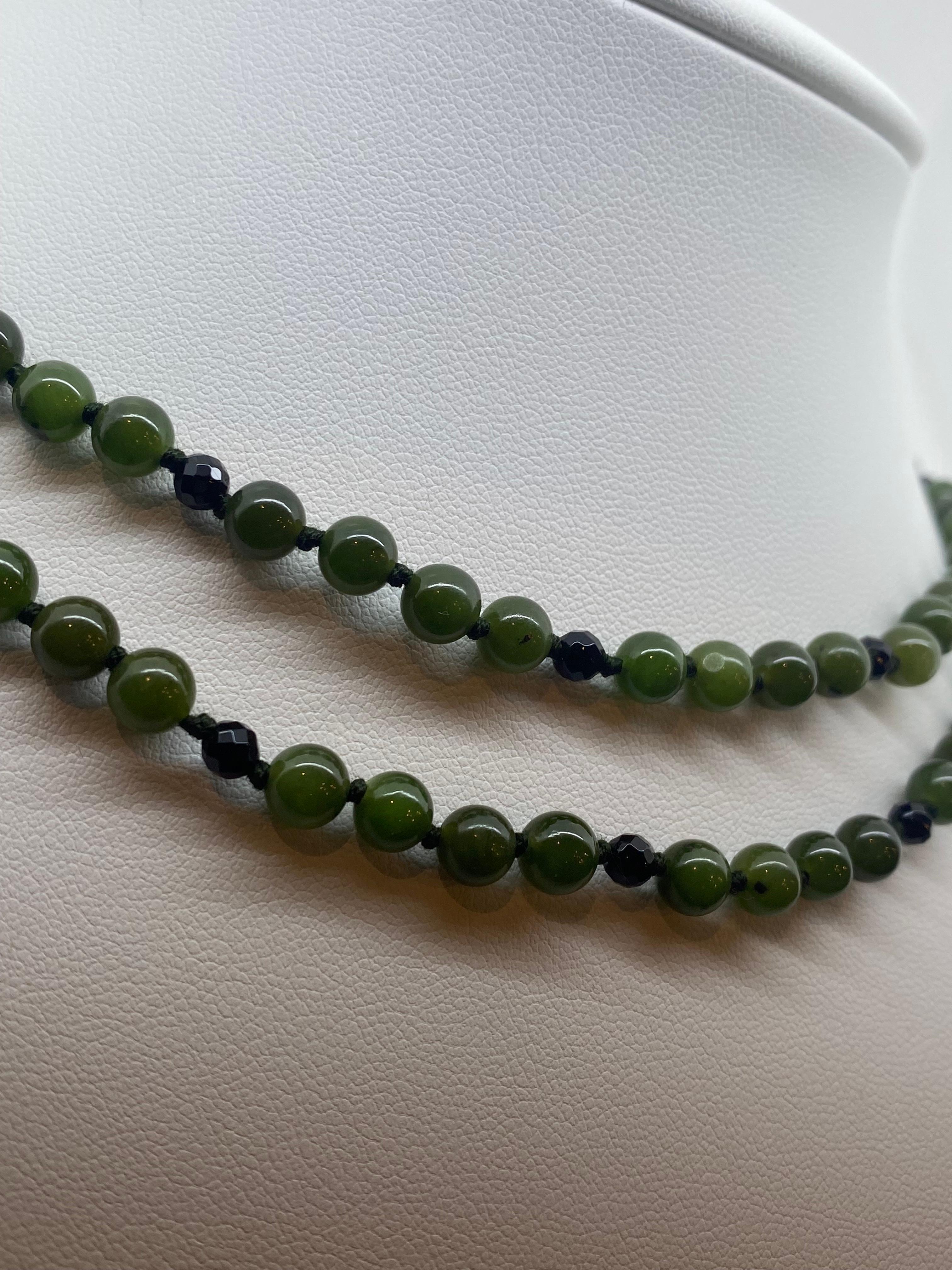 Retro Double Strand Deep Intense Green Jade, Onyx, Gold Beaded Necklace, c1960's. For Sale