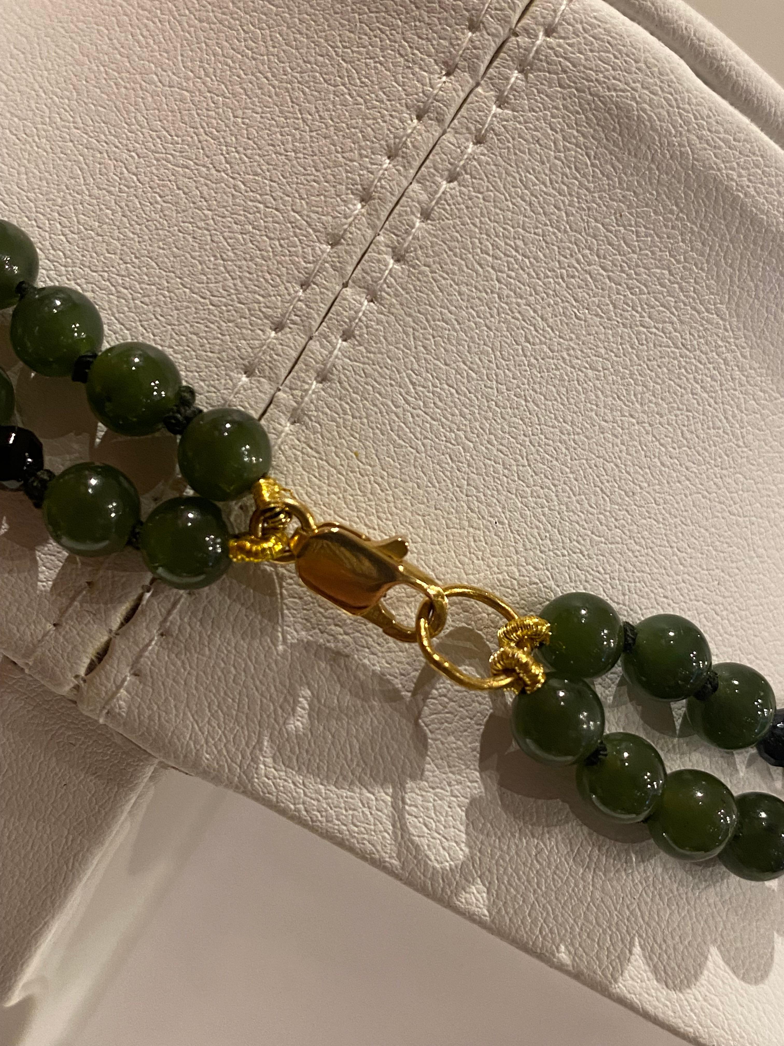 Women's Double Strand Deep Intense Green Jade, Onyx, Gold Beaded Necklace, c1960's. For Sale