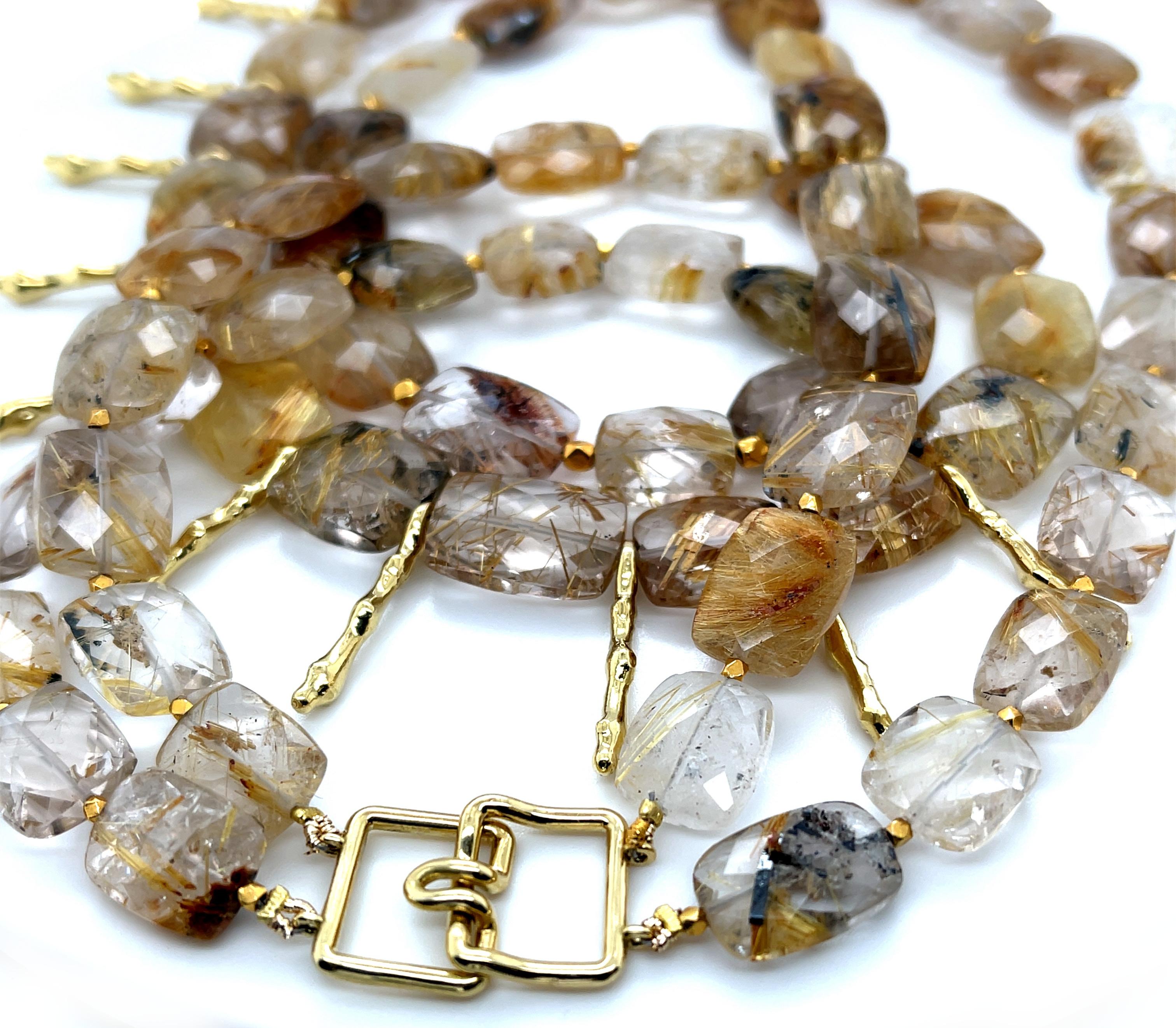 Double Strand Faceted Rutilated Quartz Bead and 18k Yellow Gold Necklace In New Condition For Sale In Los Angeles, CA