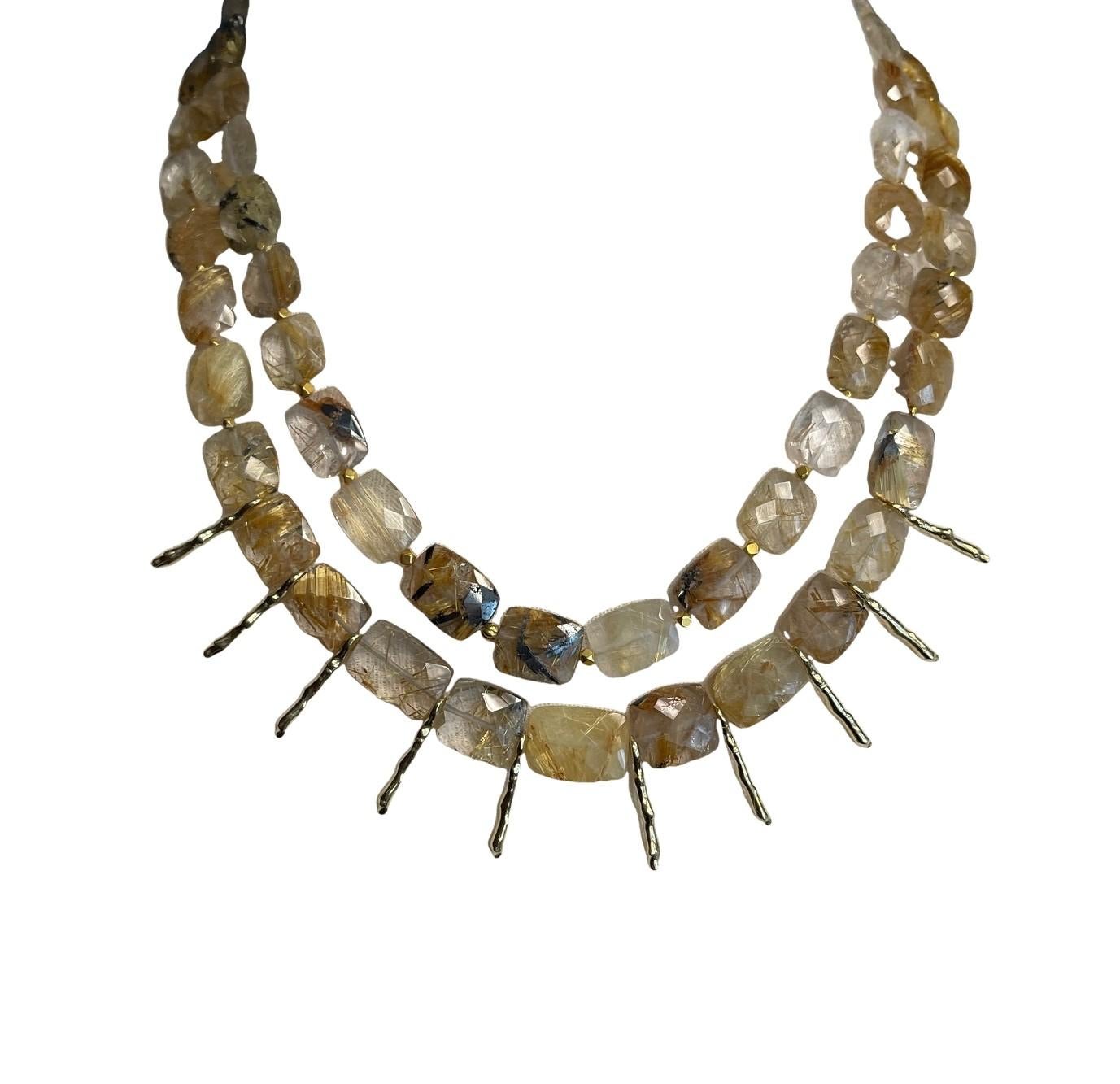 Women's Double Strand Faceted Rutilated Quartz Bead and 18k Yellow Gold Necklace For Sale