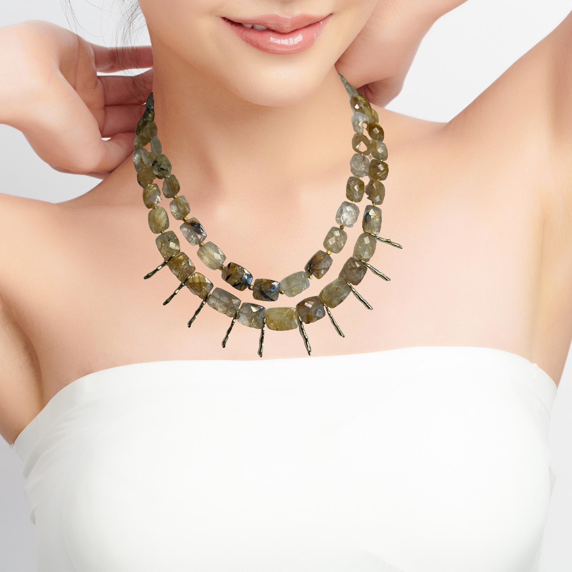 Double Strand Faceted Rutilated Quartz Bead and 18k Yellow Gold Necklace For Sale 3
