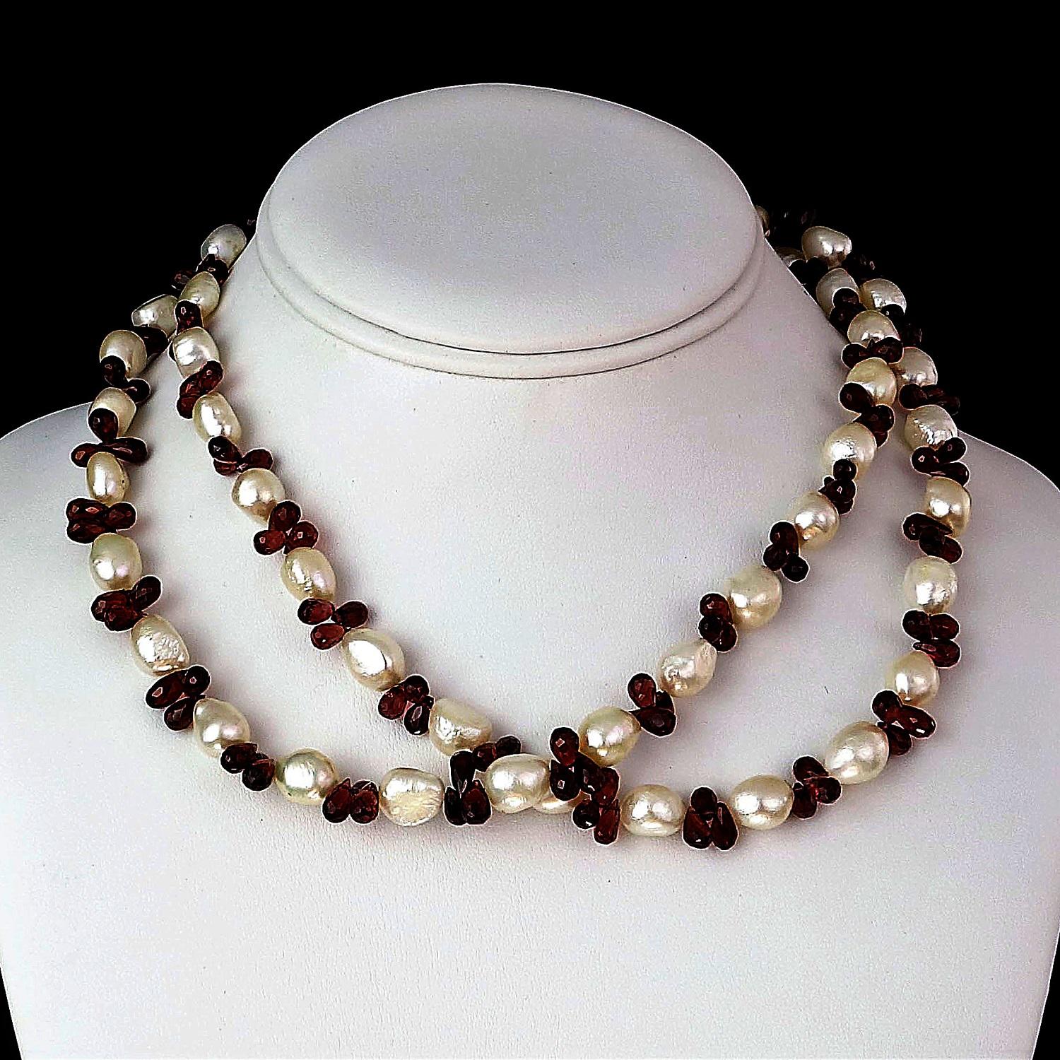 Artisan AJD Double-Strand Freshwater Pearl and Garnet Necklace January Birthstone For Sale