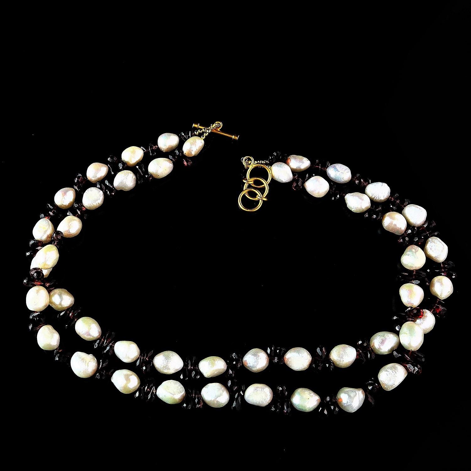 Bead AJD Double-Strand Freshwater Pearl and Garnet Necklace January Birthstone For Sale