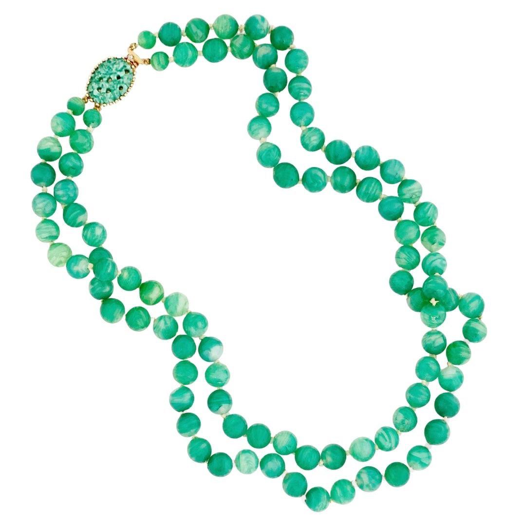 Double Strand Glass Jade Beaded Necklace With Carved Jade Clasp By