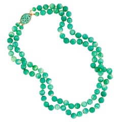 Double Strand Glass Jade Beaded Necklace With Carved Jade Clasp By Jomaz, 1970s