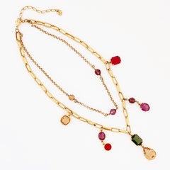 Double Strand Gold Chain Necklace With Jewel Tone Crystals By Swarovski, 1980s