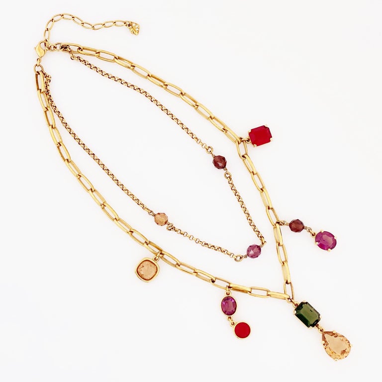 Double Strand Gold Chain Necklace With Jewel Tone Crystals By Swarovski, 1980s For Sale at 1stDibs