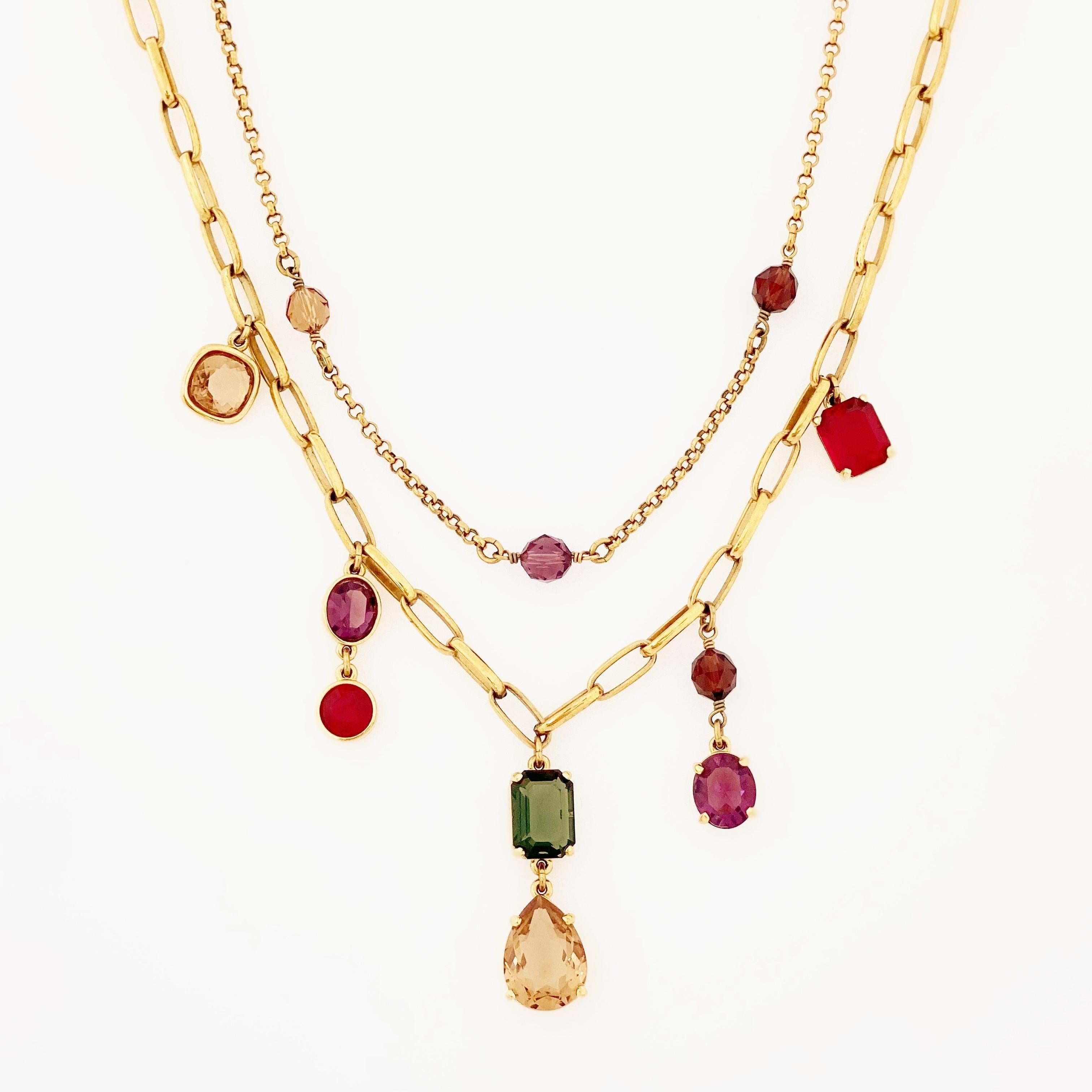 Double Strand Gold Chain Necklace With Jewel Tone Crystals By Swarovski,  1980s For Sale at 1stDibs