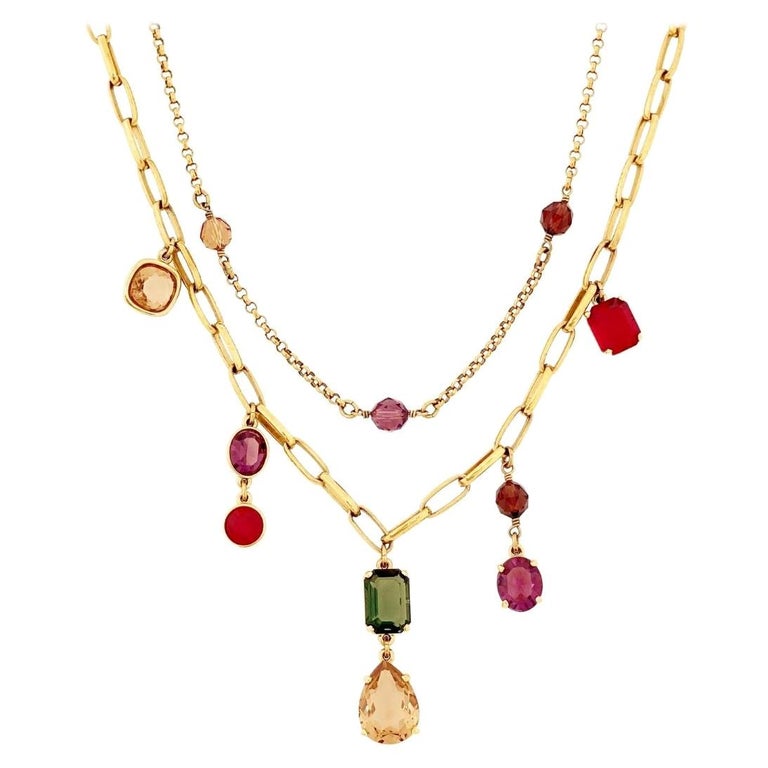 Double Strand Gold Chain Necklace With Jewel Tone Crystals By Swarovski