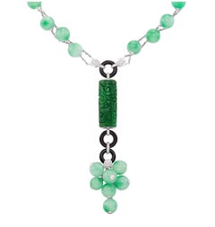 Double Strand Jade Bead, White Gold, Black Onyx, Carved Jade & Diamond Necklace