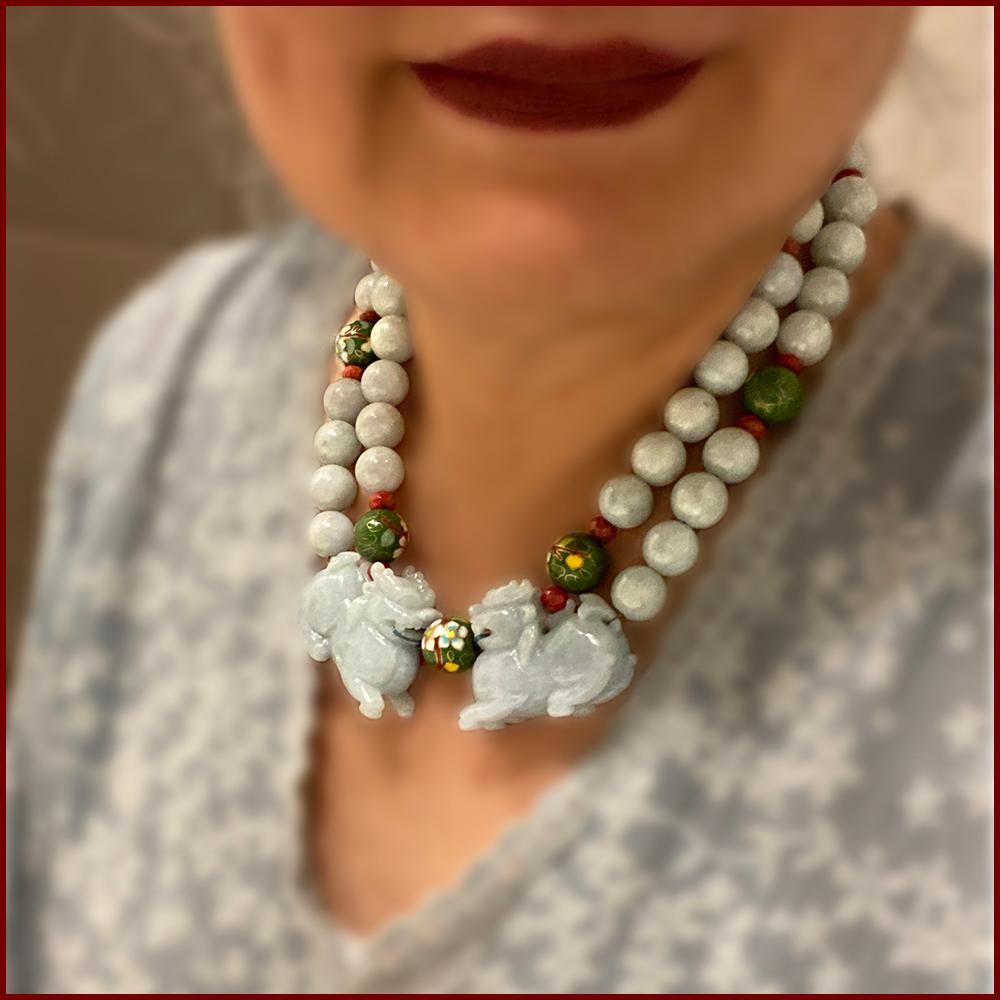 Bead Pair Carved Lavender Jade Foo Dogs with Double Strand Jade Necklace