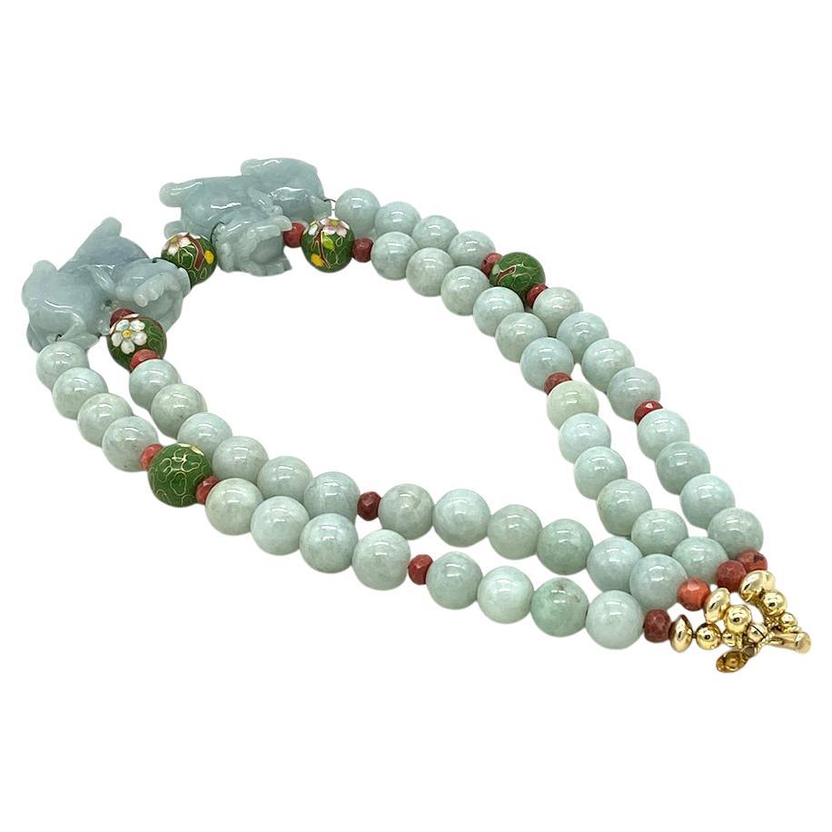 Artisan Pair Carved Lavender Jade Foo Dogs with Double Strand Jade Necklace