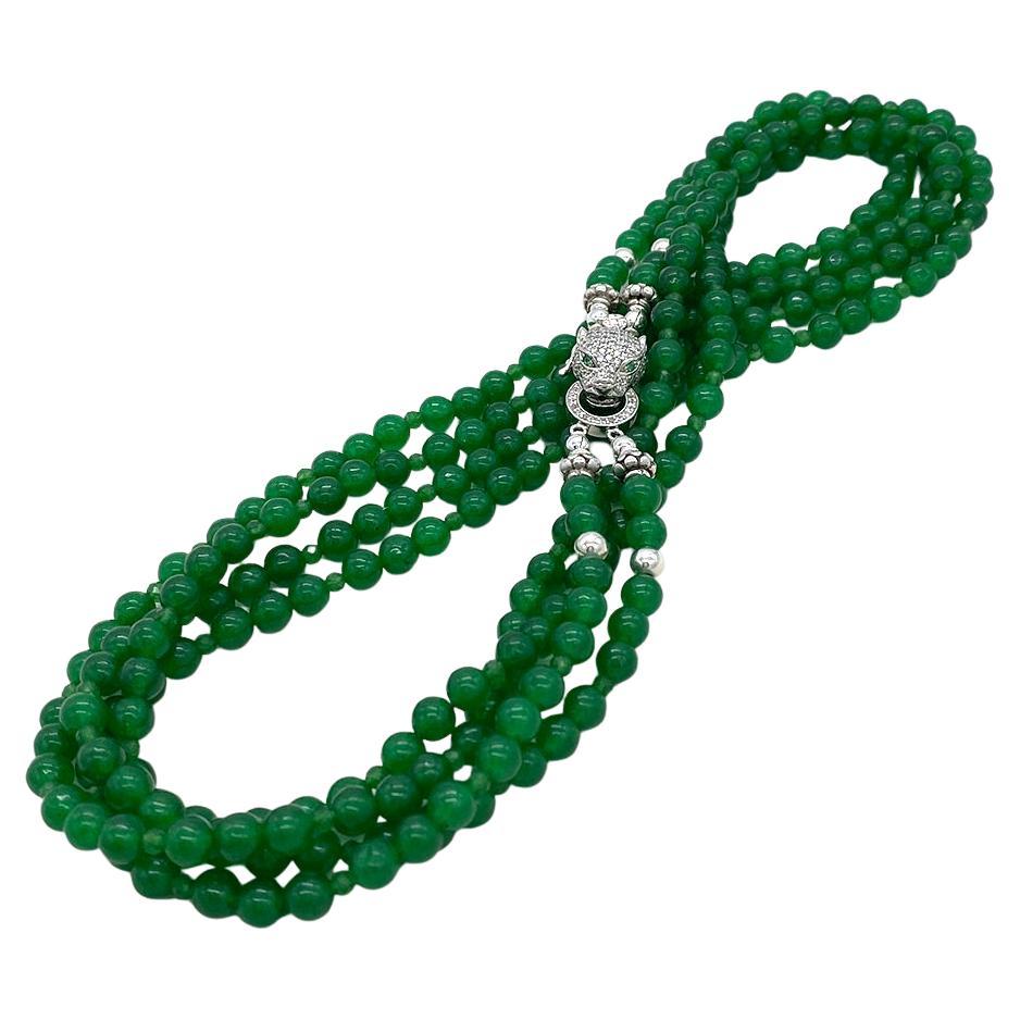 Collar de dos vueltas de jade con cierre de leopardo de plata de ley en Nuevo estado para la venta en Atlanta, GA