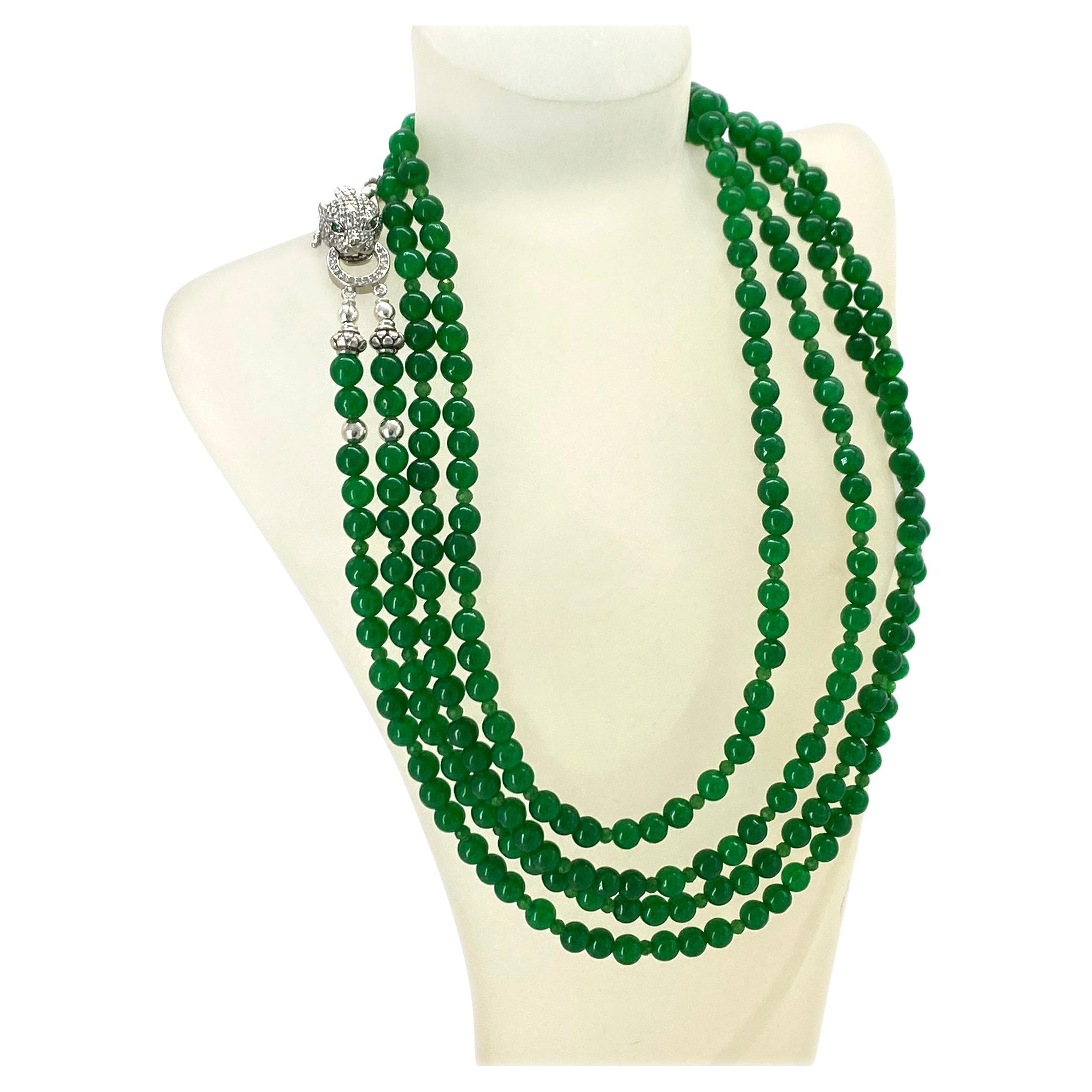 Double-strand Jade Necklace with Sterling Silver Leopard Clasp