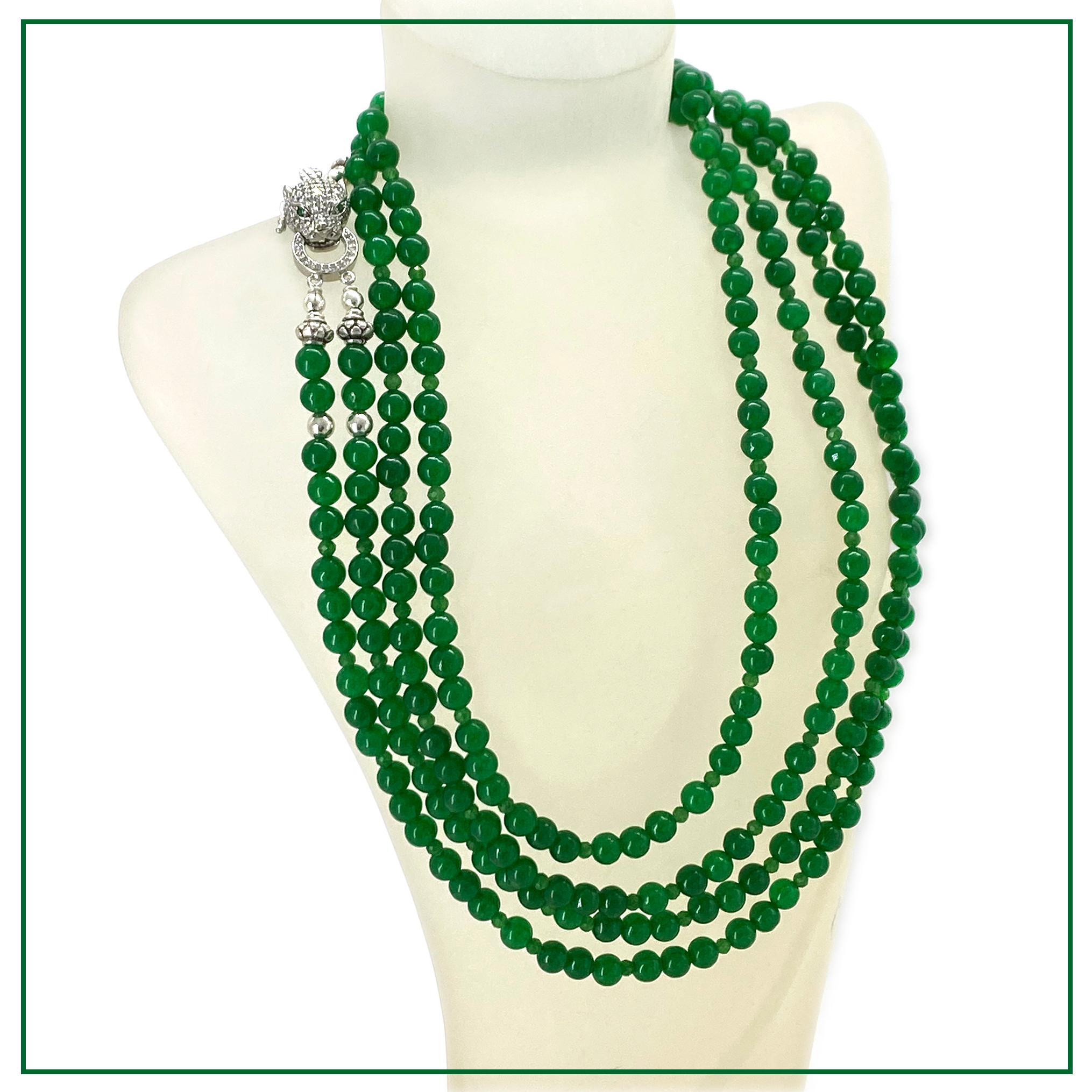 De las mujeres Collar de dos vueltas de jade con cierre de leopardo de plata de ley en venta