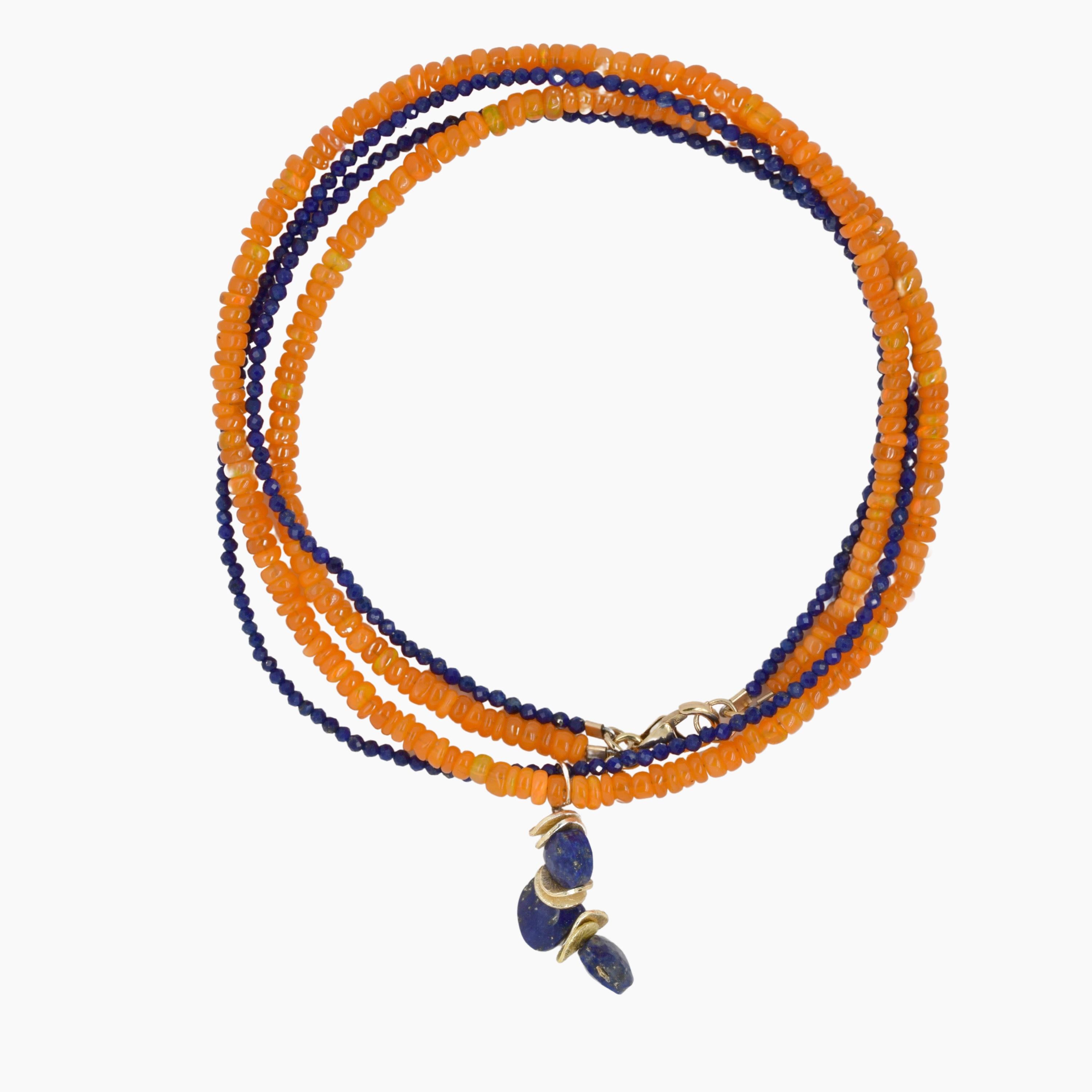 Contemporary Double Strand Lapis and Orange Opal Necklace For Sale