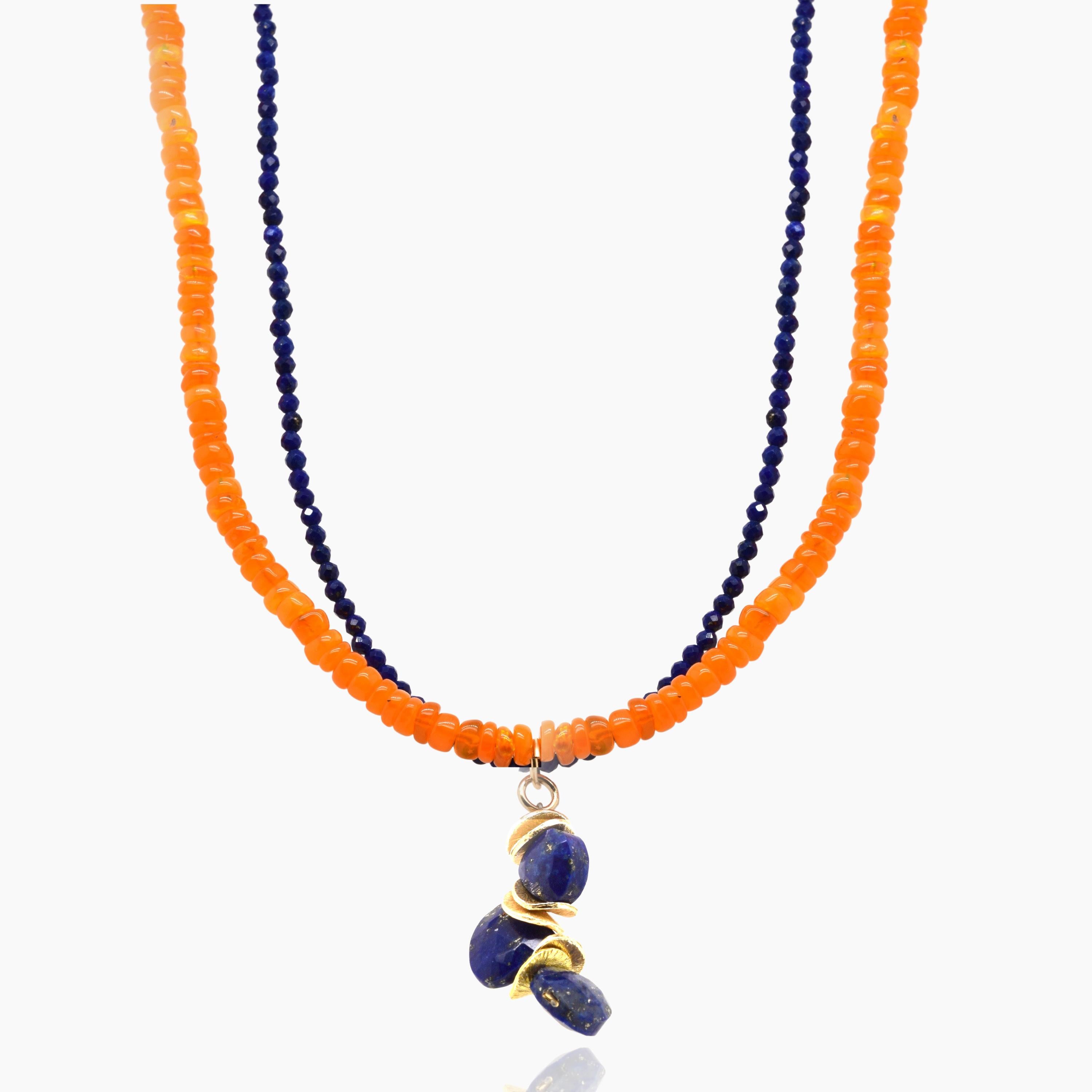 Bead Double Strand Lapis and Orange Opal Necklace For Sale