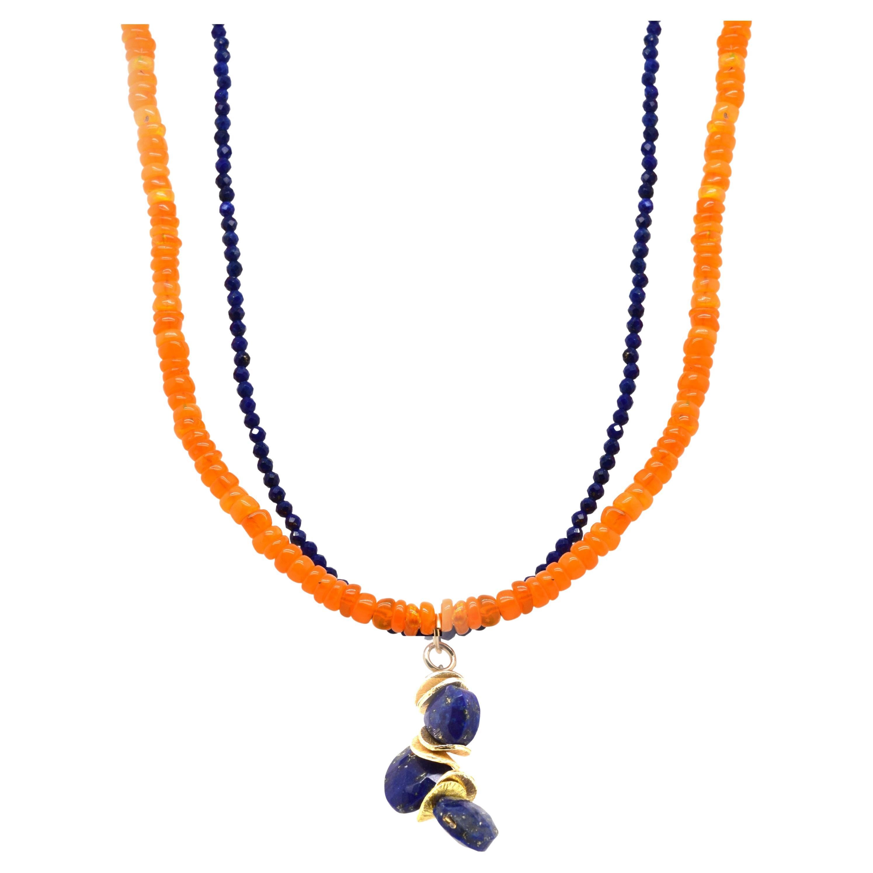 Double Strand Lapis and Orange Opal Necklace For Sale