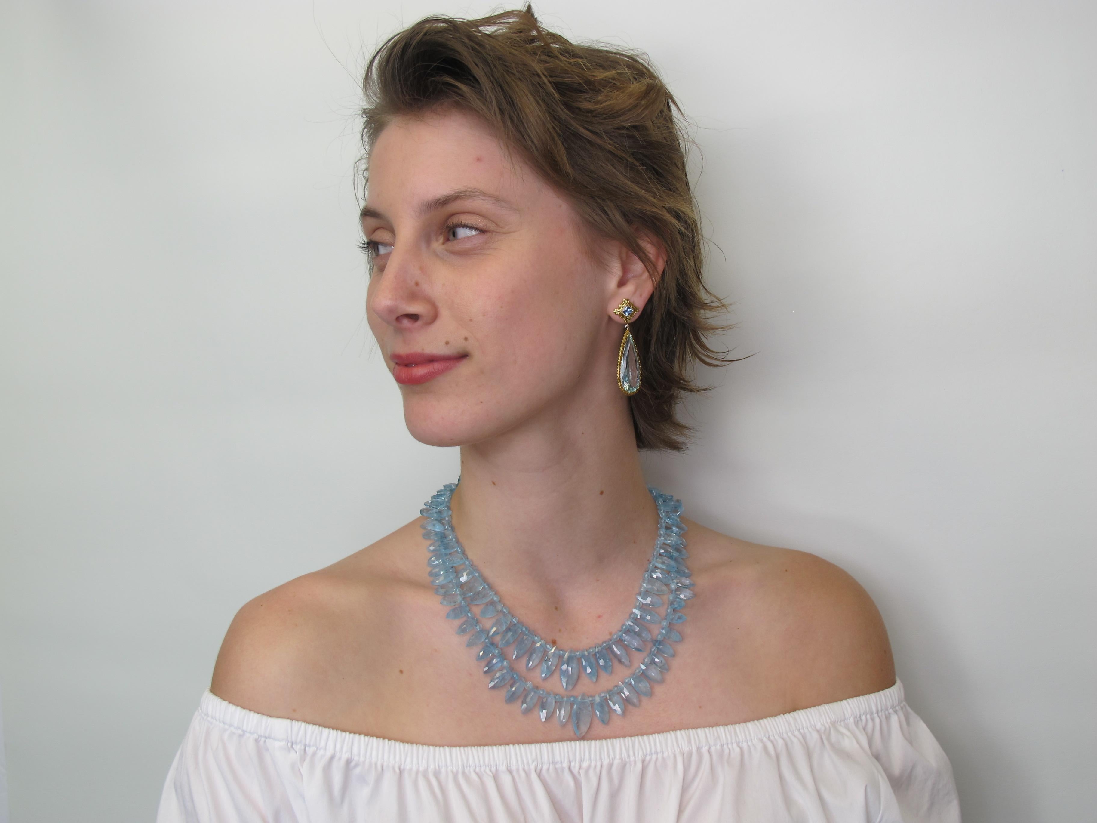 Double Strand Marquise Shaped Aquamarine Beaded Necklace w/ Extender, Gold Clasp In New Condition In Los Angeles, CA