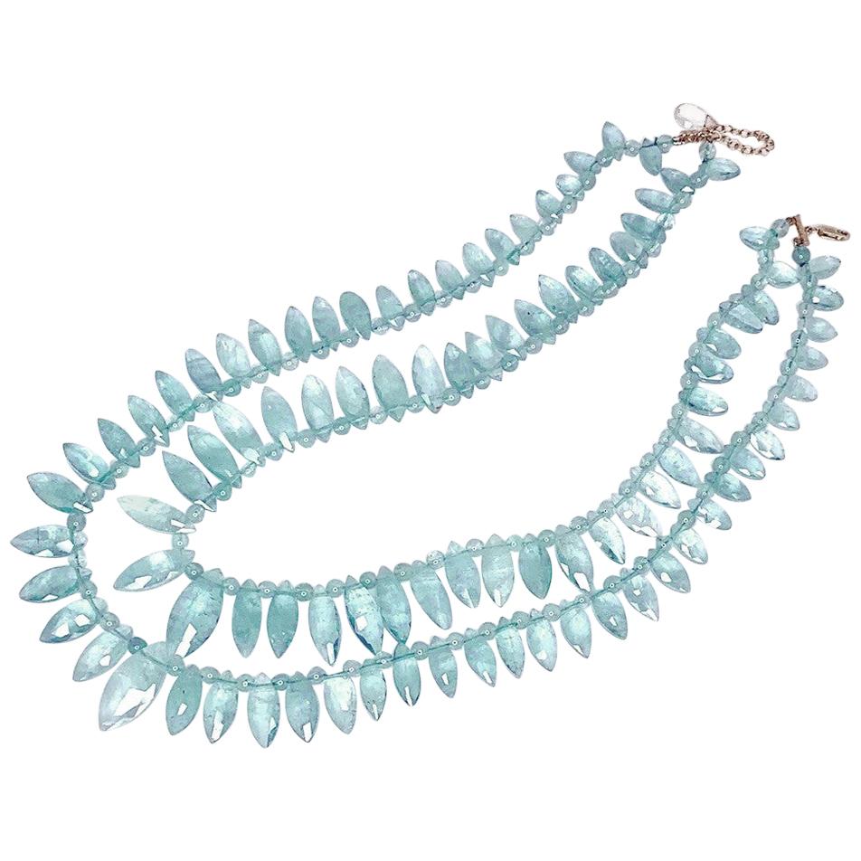 Double Strand Marquise Shaped Aquamarine Beaded Necklace w/ Extender, Gold Clasp