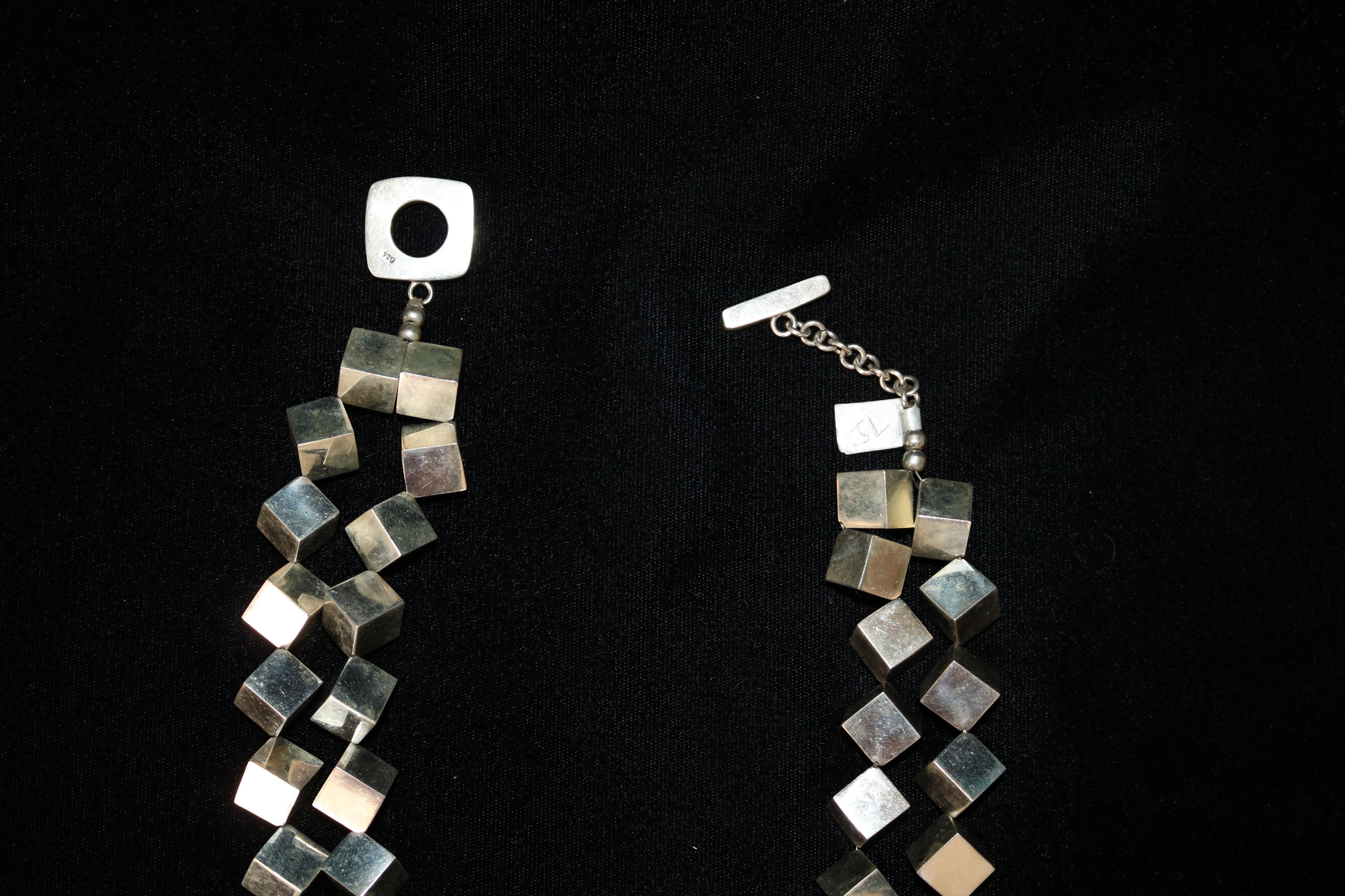Modern Double Strand Multi Cube 950 Silver Necklace For Sale