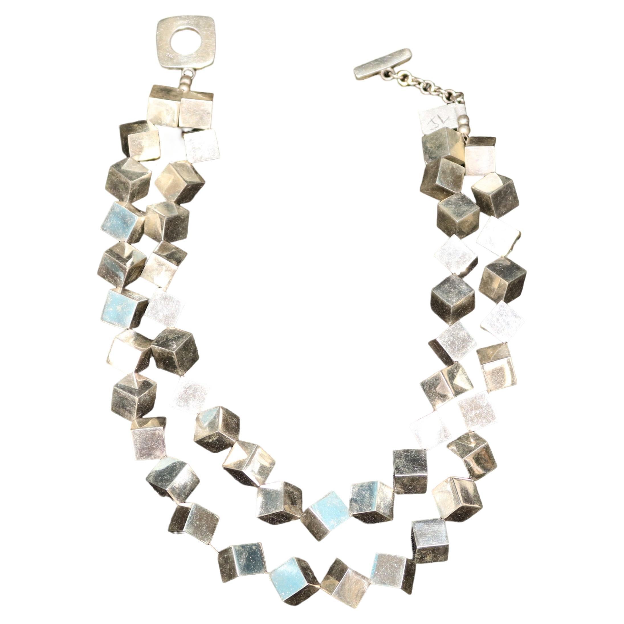 Double Strand Multi Cube 950 Silver Necklace For Sale